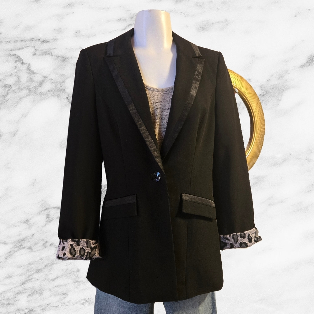 GUESS Black‎ Tuxedo Blazer Satin Trim Leopard Lined Jacket Women’s Size S
